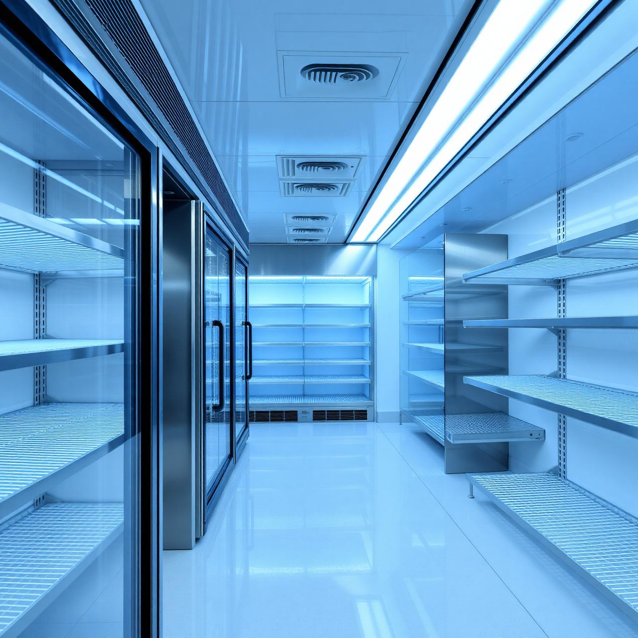Modern commercial walk-in refrigeration interior